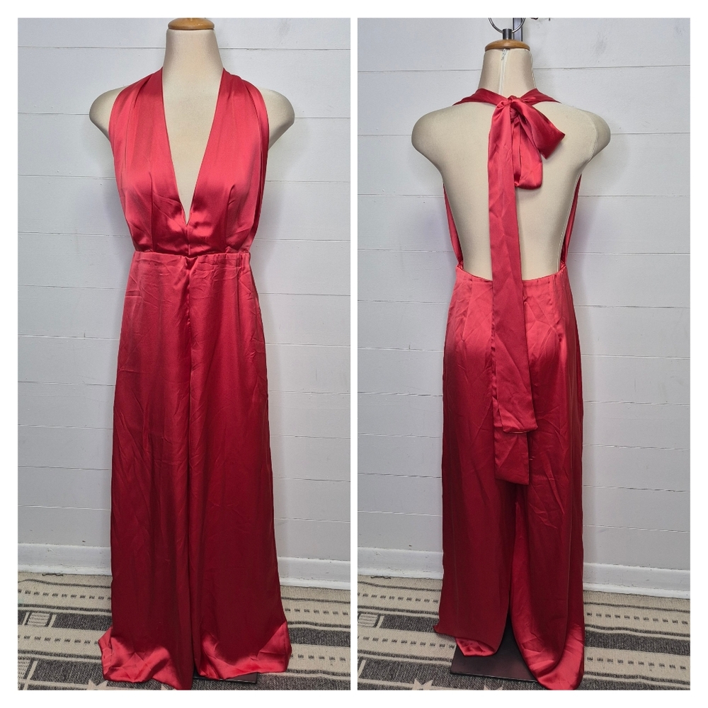 Zara Satin Effect Pink Halter Neck Wide Leg Jumpsuit Size S - Picture 4 of 16